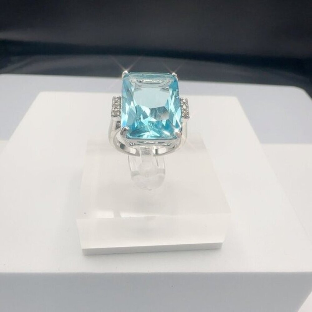 Aquamarine CZ Cocktail Ring With Silver Tone Brass Band Size 5 - Picture 9 of 11
